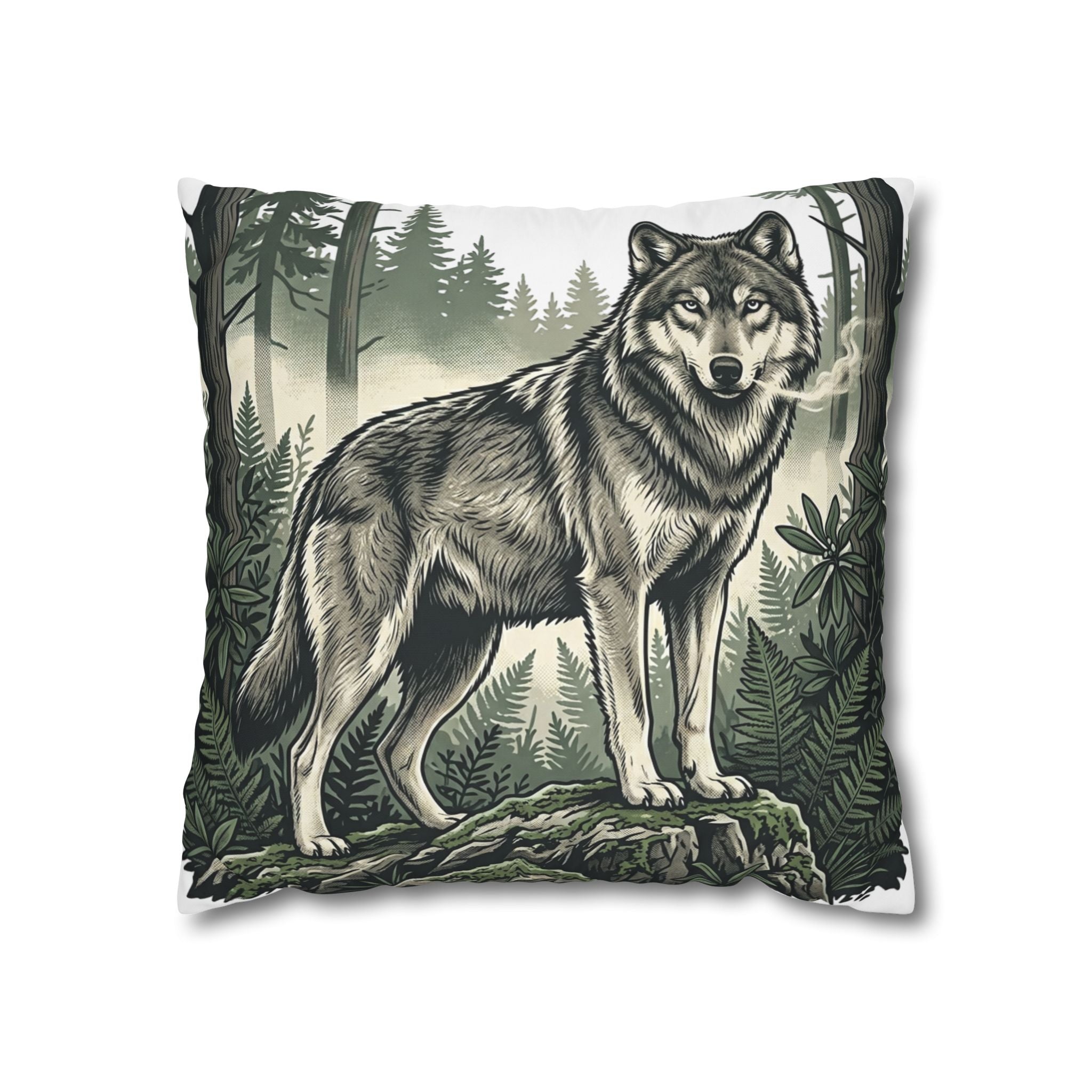 Wolf Forest Throw Pillowcase — Rustic Wildlife Square Pillow Cover