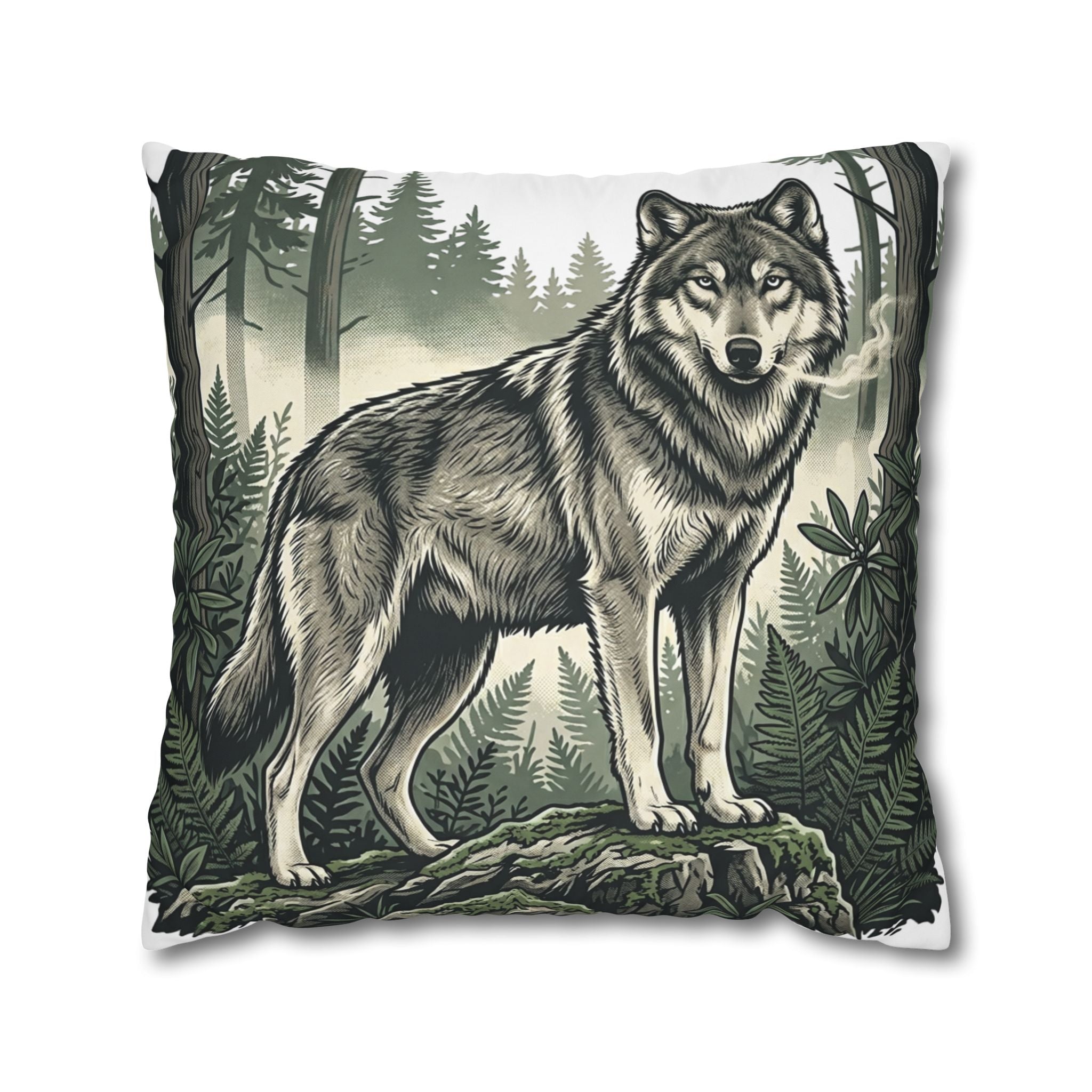 Wolf Forest Throw Pillowcase — Rustic Wildlife Square Pillow Cover