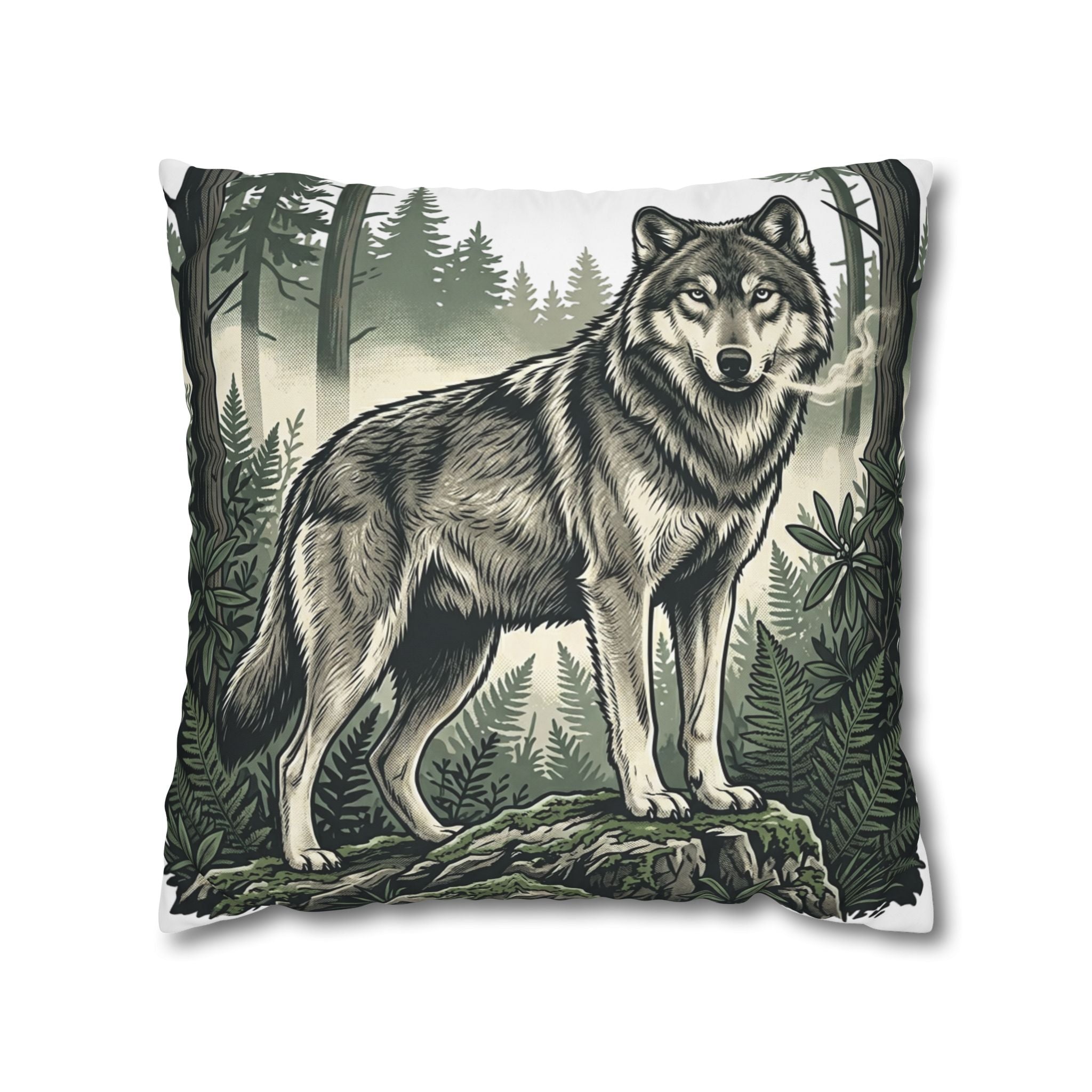 Wolf Forest Throw Pillowcase — Rustic Wildlife Square Pillow Cover