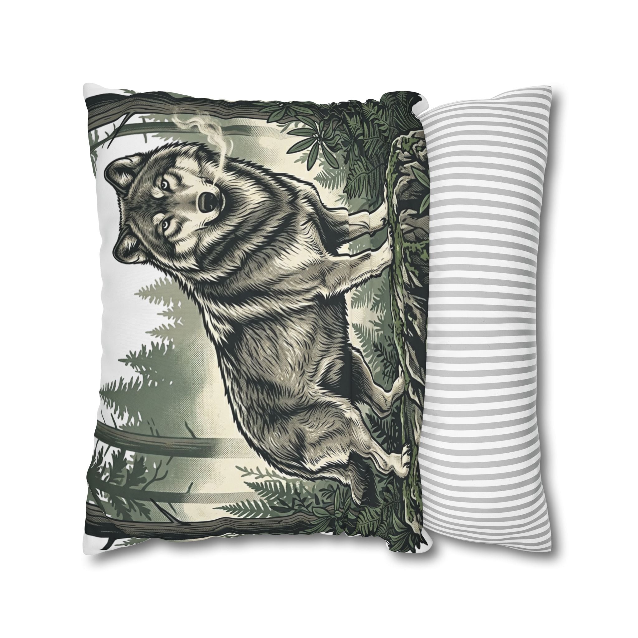 Wolf Forest Throw Pillowcase — Rustic Wildlife Square Pillow Cover