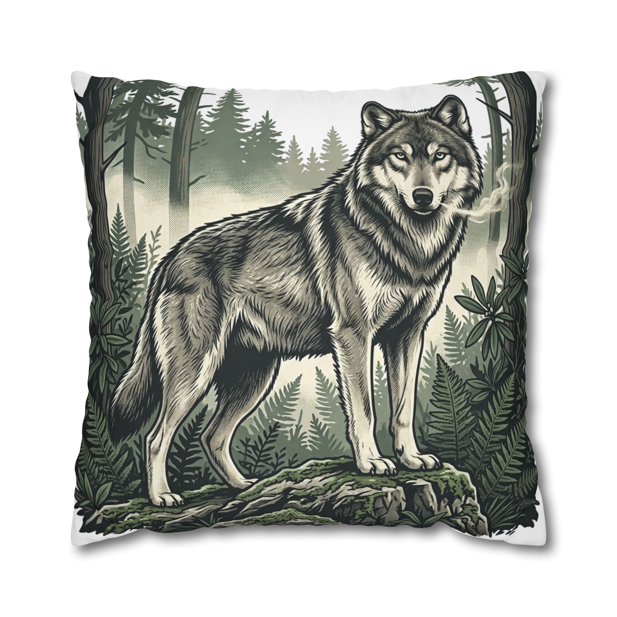 Wolf Forest Throw Pillowcase — Rustic Wildlife Square Pillow Cover