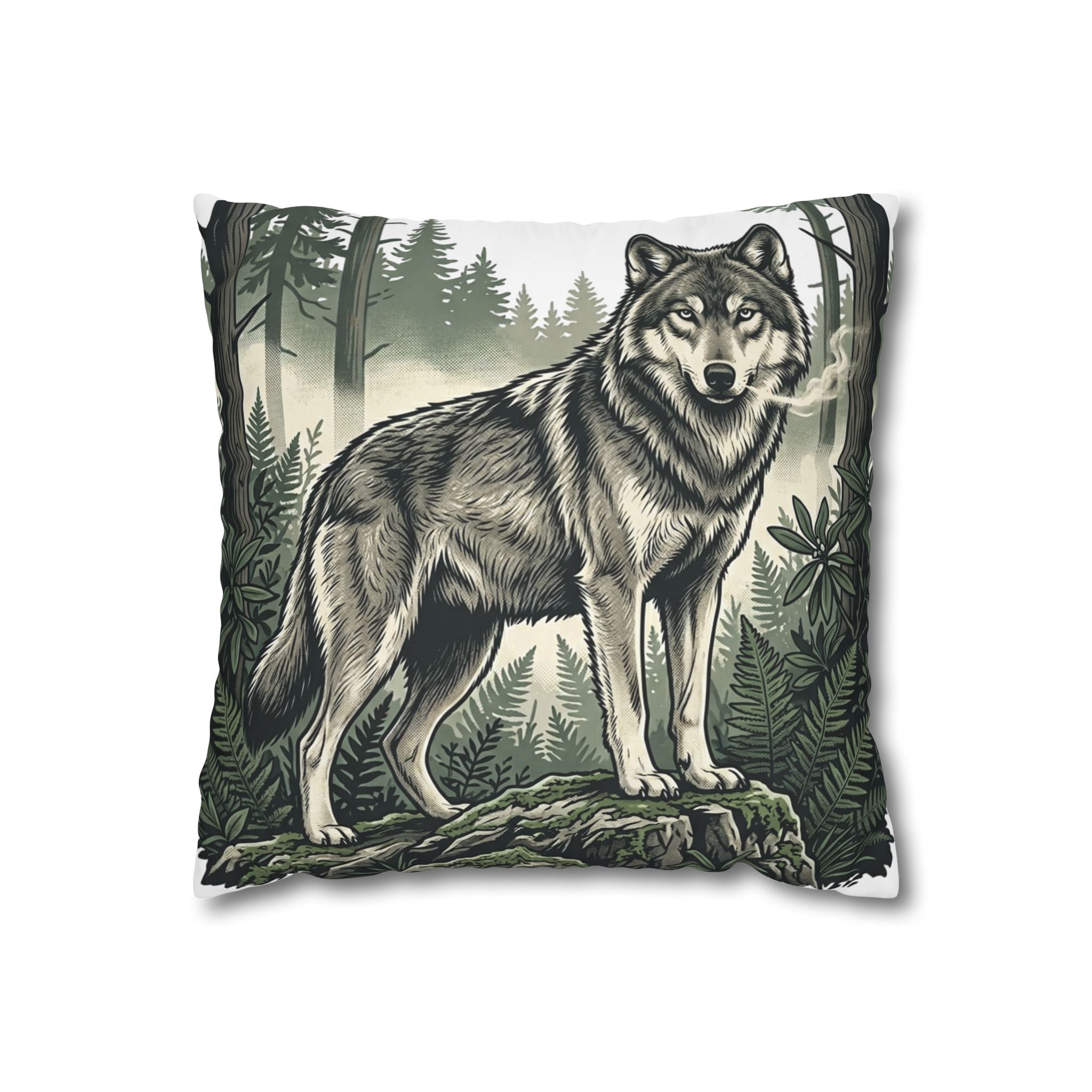 Wolf Forest Throw Pillowcase — Rustic Wildlife Square Pillow Cover